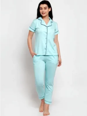 Women's Sky Blue Solid Pyjama Sleepwear Set. Sm-810