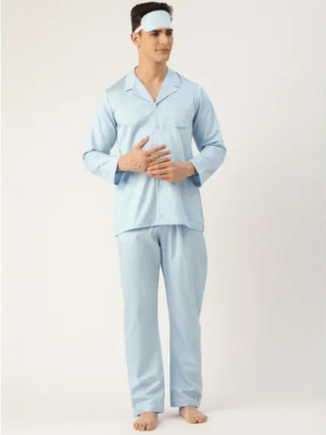 Men'S Sky Blue Solid Cotton 3 Pieces Sleepwear