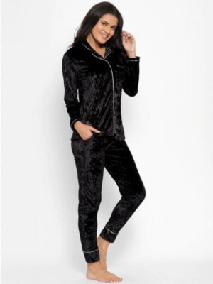 Women's Black Velvet Solid Sleepwear Set