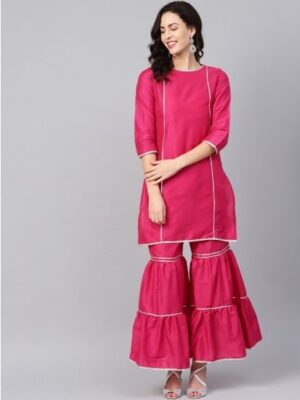 Pink Silk Solid Kurta With Sharara