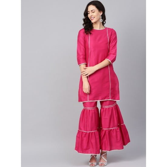 Pink Silk Solid Kurta With Sharara