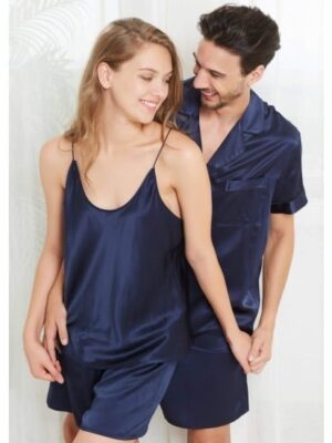 Navy Short Silk Couple Pajamas Sets