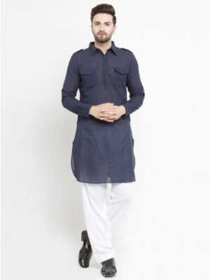 Men'S Navy Cotton Straight Pathani Kurta