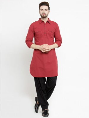 Men'S Maroon Cotton Straight Pathani Kurta