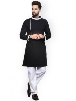 Men'S Black Cotton Contrast Straight Kurta