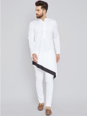 Men'S White A-Line Buttoned Neck Cotton Dual Color Kurta