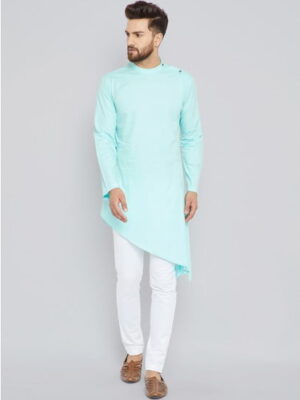 Men'S Sky Blue Straight Cotton High Low Kurta