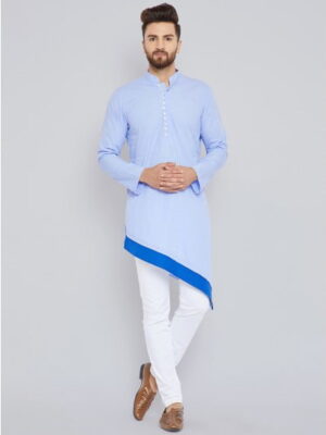 Men'S Sky Blue A Line Buttoned Neck Cotton Dual Color Kurta