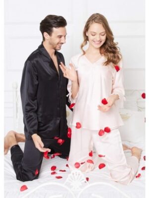 Black-Pink Romantic Silk Couple Pajamas Sets