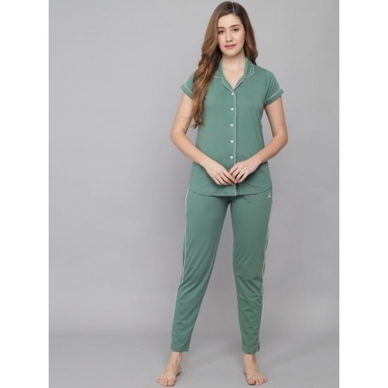 Women's Short Sleeve Solid Shirt Pyjama Sleepwear Set