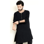 Men'S Black Brass Zipper Collar Bowski Linen Kurta