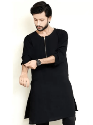 Men'S Black Brass Zipper Collar Bowski Linen Kurta