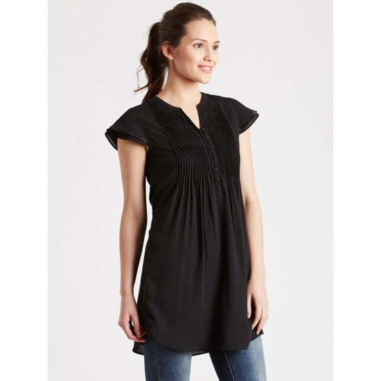 Women'S Black Solid Pleated Cap Sleeve Top