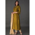 Women'S Olive Green Raw Silk 3 Peices Front Slit Suit. Sm-621