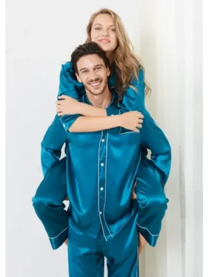 Teal Trimmed Silk Couple Pajamas Sets Rid