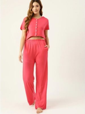 Solid Crop Top With Trouser Sleepwear Set