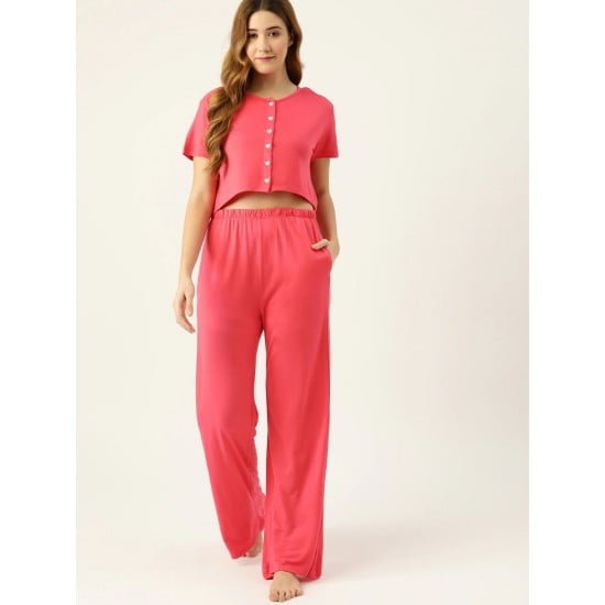 Solid Crop Top With Trouser Sleepwear Set