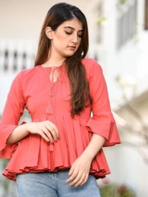 Women'S Strawberry Pink Cotton Box Pleated Top