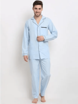 Men'S Sky Blue Solid Cotton Sleepwear