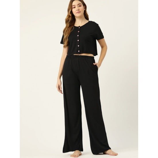 Solid Crop Top With Trouser Sleepwear Set