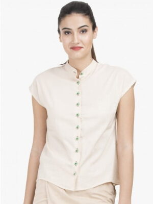 Women'S Cream Colored Cotton Buttondown Cap Sleeves Top