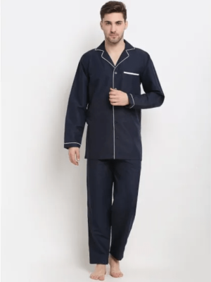 Men'S Navy Blue Solid Cotton Sleepwear