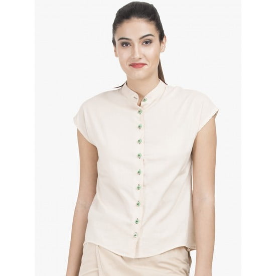 Women'S Cream Colored Cotton Buttondown Cap Sleeves Top