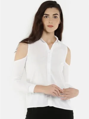 White Solid Cold Shoulder Buttondown Top For Women