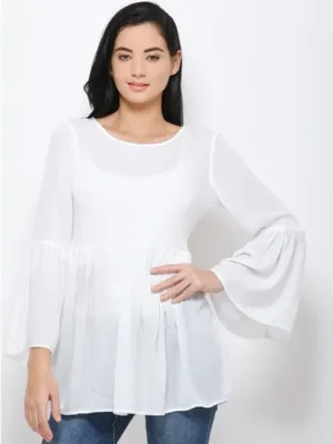 White Solid Cinched Waist Top For Women