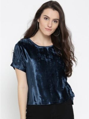 Navy Velvet Detailed Top For Women