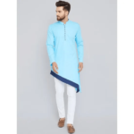 Men'S Sky Blue A-Line Buttoned Neck Cotton Dual Color Kurta