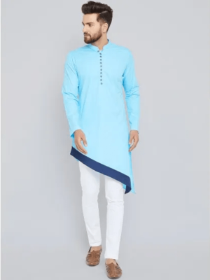 Men'S Sky Blue A-Line Buttoned Neck Cotton Dual Color Kurta