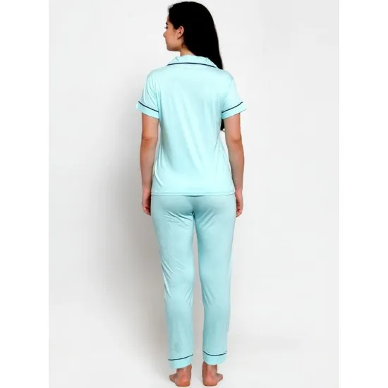 Women's Sky Blue Solid Pyjama Sleepwear Set. Sm-810