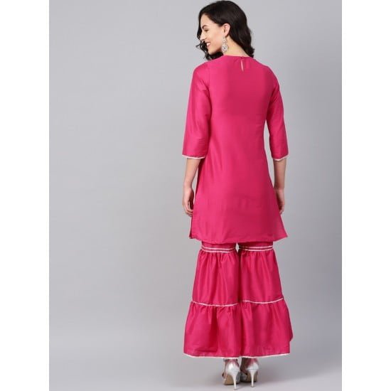 Pink Silk Solid Kurta With Sharara