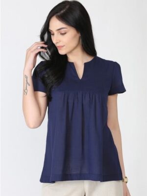 Navy Blue Solid A-Line Top For Women