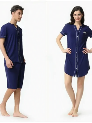 Navy Cotton Contrast Couple Nightsuits