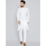 Men'S White Straight Cotton Side Buttoned High Low Kurta