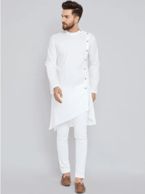 Men'S White Straight Cotton Side Buttoned High Low Kurta