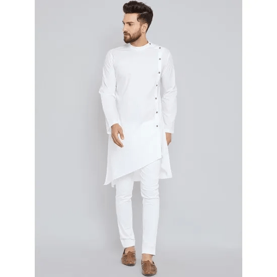 Men'S White Straight Cotton Side Buttoned High Low Kurta