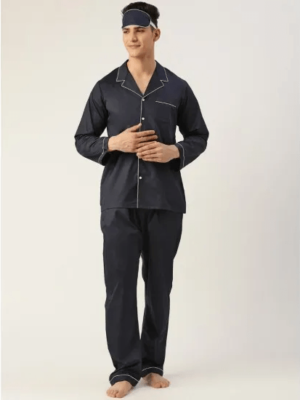 Men'S Black Solid Cotton 3 Pieces Sleepwear