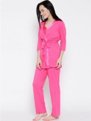 Women's Pink Solid 3 Pieces Sleepwear Set