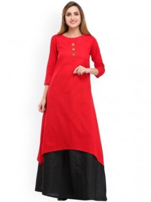 Women'S Red & Black Solid Kurta With Skirt