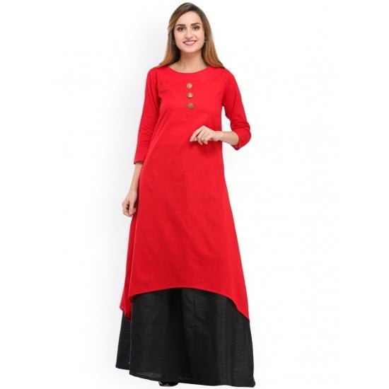 Women'S Red & Black Solid Kurta With Skirt