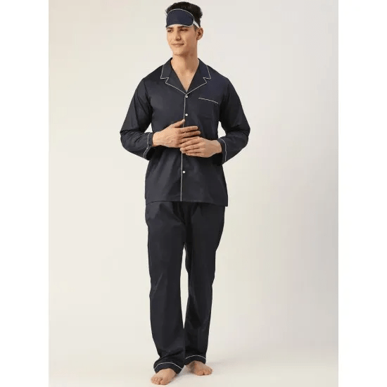 Men'S Black Solid Cotton 3 Pieces Sleepwear