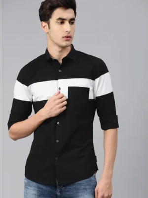 Black-White Regular Fit Colourblocked Casual Shirt For Men