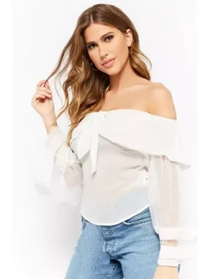 White Foldover Off-The-Shoulder Top For Women