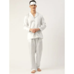 Men'S White Solid Cotton 3 Pieces Sleepwear