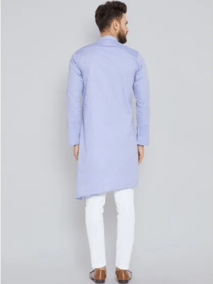 Men'S Sky Blue A-Line Cotton Side Buttoned High Low Kurta