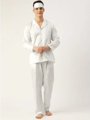 Men'S White Solid Cotton 3 Pieces Sleepwear