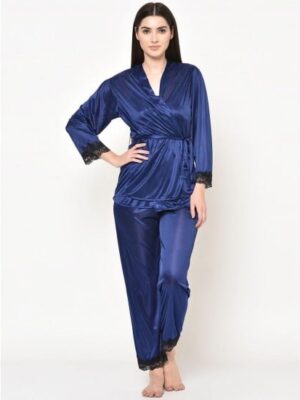 Women's Navy Blue Laced Detailed Gown And Pajama Set